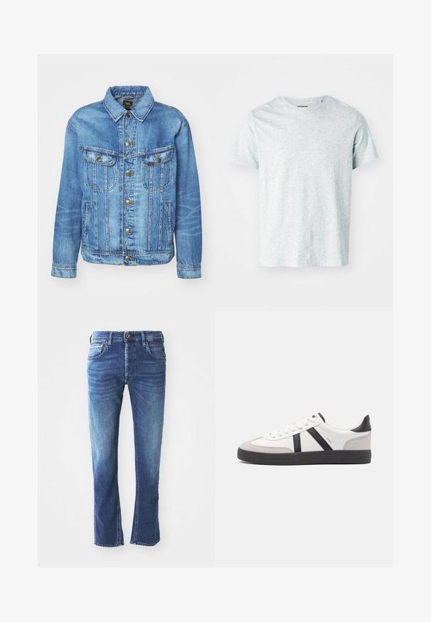 Lyseblå denimjakke med klassisk design, der har knaplukning, to brystlommer og en krave. Blød tekstur, afslappet stil.; Lys grå, kortærmet t-shirt lavet af blødt stof, med en rund hals og en let afslappet pasform. Ingen synlige mønstre eller grafik.; Mørkeblå denim jeans med lige ben-design, der har fem lommer, en brun knaplukning og diskret lys udtoning ved lårene.; Hvide sneakers med sorte og grå detaljer, med en tekstureret grå tåhætte, sort gummisål og flade hvide snørebånd. Rent design, minimalistisk stil.