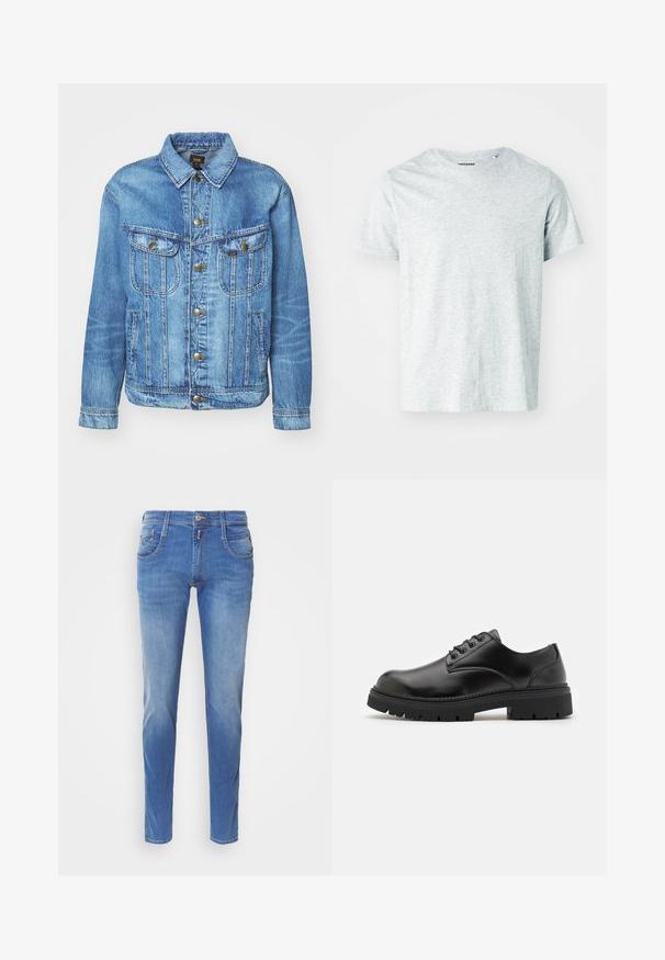 Chaqueta de mezclilla azul claro con un diseño clásico, con cierre de botones, dos bolsillos en el pecho y cuello con solapa. Textura suave, estilo casual.; Camiseta de manga corta gris claro, confeccionada en una tela suave, con cuello redondo y un corte ligeramente relajado. Sin patrones ni gráficos visibles.; Jeans de denim azul con corte slim. Presenta cinco bolsillos, cierre de botón en la parte delantera y un ligero desgastado en las piernas. Corte recto.; Zapatos de cuero negro con punta redondeada, diseño con cordones y una suela de goma gruesa y texturizada. Presentan costuras a lo largo del borde y un acabado suave.