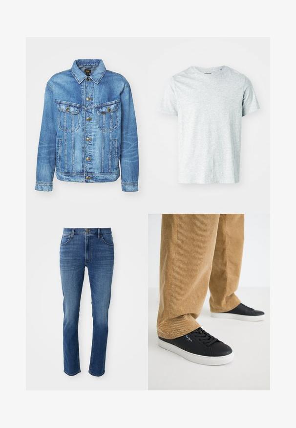 Lyseblå denimjakke med klassisk design, der har knaplukning, to brystlommer og en krave. Blød tekstur, afslappet stil.; Lys grå, kortærmet t-shirt lavet af blødt stof, med en rund hals og en let afslappet pasform. Ingen synlige mønstre eller grafik.; Blå denim jeans med lige snit, fem lommer og lynlås. Har subtle farvefading og kontraststing langs sømmene.; Sorte lædersneakers med hvide gummisåler. Båret med tanfarvede corduroybukser med vertikale ribber og en afslappet pasform.