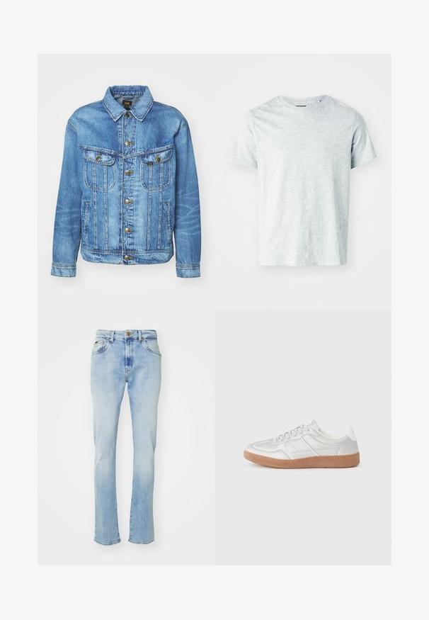 Chaqueta de mezclilla azul claro con un diseño clásico, con cierre de botones, dos bolsillos en el pecho y cuello con solapa. Textura suave, estilo casual.; Camiseta de manga corta gris claro, confeccionada en una tela suave, con cuello redondo y un corte ligeramente relajado. Sin patrones ni gráficos visibles.; Vaqueros de mezclilla azul claro con corte recto, que cuentan con cinco bolsillos, un cierre de botón y un ligero desvanecimiento en los muslos y el dobladillo.; Zapatillas plateadas con una textura suave, diseño de cordones, acentos perforados y una suela de goma marrón texturizada.