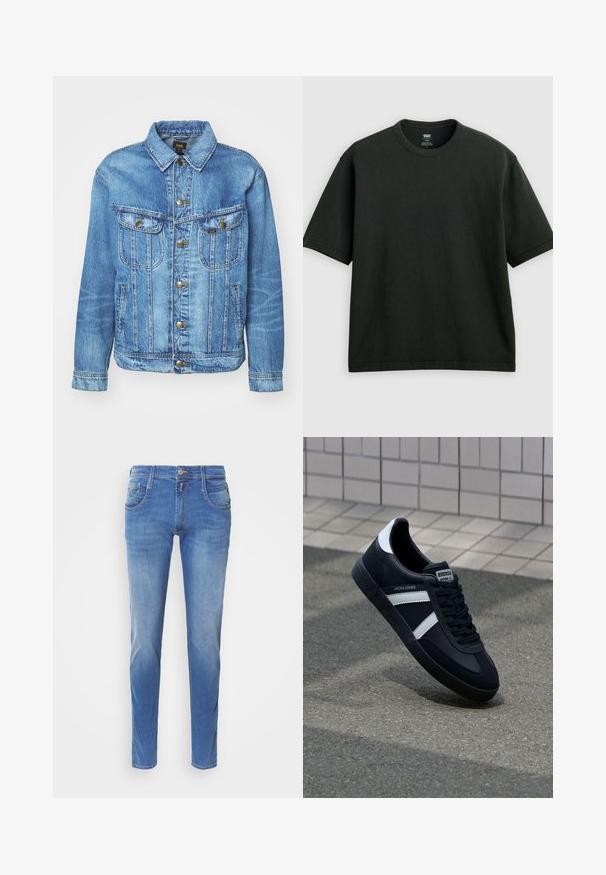 Lyseblå denimjakke med klassisk design, der har knaplukning, to brystlommer og en krave. Blød tekstur, afslappet stil.; Sort T-shirt med korte ærmer og rund hals, løstsiddende pasform, vist fladt på en lys grå baggrund.; Blå denimjeans med slim fit. Har fem lommer, lukning med knap foran og let falming på benene. Lige benudskæring.; Sort lædersneaker med hvide striber, tekstureret gummisål og snørrebånd foran. Har et brandet mærke på tungen.