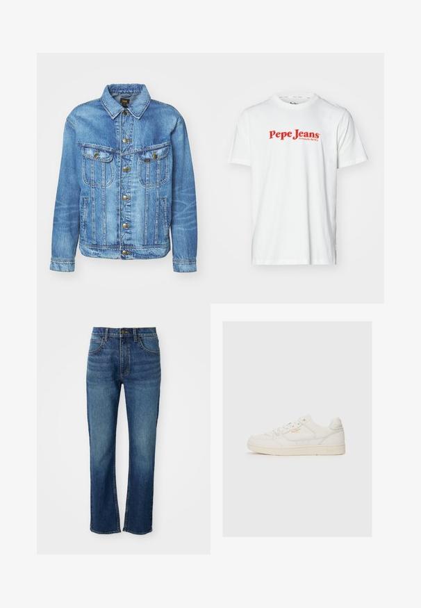 Lyseblå denimjakke med klassisk design, der har knaplukning, to brystlommer og en krave. Blød tekstur, afslappet stil.; Hvid bomulds t-shirt med rød "Pepe Jeans" logo tekst. Korte ærmer og rund halsudskæring, med en standard pasform og ingen synlige mønstre.; Blå denim jeans med lige ben-design, der har fem lommer, en knaplukning og kontrasterende gule syninger. Glat tekstur.; Hvide lædersneakers med en glat overflade, der har perforerede detaljer, snørebånd fortil og et diskret logo i guld nær siden.
