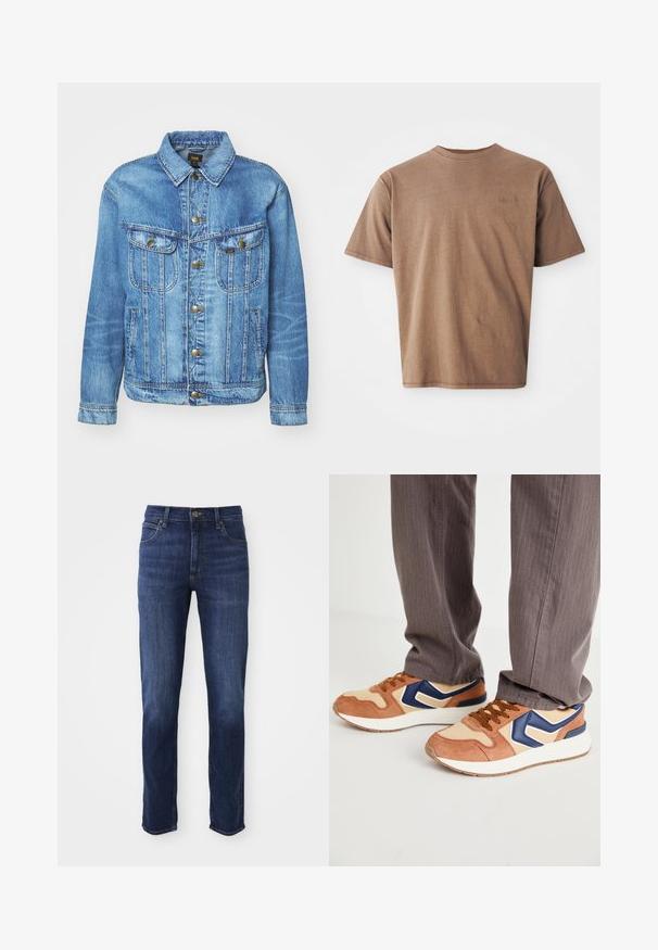 Veste en denim bleu clair au design classique, avec fermeture à boutons, deux poches poitrine et col classique. Texture douce, style décontracté.; T-shirt en coton marron avec un col rond, des manches courtes et un logo brodé discret sur le côté gauche de la poitrine. Texture lisse, coupe décontractée.; Jean en denim bleu foncé avec une coupe droite, comprenant un design classique à cinq poches et un fermoir à bouton en métal. Détails de décoloration subtils sur le tissu.; Baskets mêlant suède beige et matériau synthétique crème, avec un accent bleu et une semelle texturée ; lacets marron ; portées avec un pantalon gris rayé.