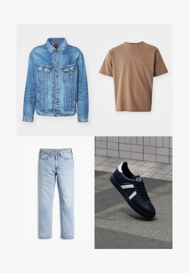 Hellblauer Denimjacke im klassischen Design, mit Knopfverschluss, zwei Brusttaschen und einem Kragen. Weiche Textur, lässiger Stil.; Braunes Baumwoll-T-Shirt mit Rundhalsausschnitt, kurzen Ärmeln und einem dezenten gestickten Logo auf der linken Brustseite. Glatte Textur, lockerer Schnitt.; Hellblaue Denim-Jeans mit geradem Bein, fünf Taschenstil und robusten Nähten. Ausgestattet mit einem Reißverschluss und einem Metallknopf.; Schwarze Leder-Sneaker mit weißen Streifen, strukturiertem Gummisohle und Schnürung. Verfügt über ein Markenetikett auf der Zunge.