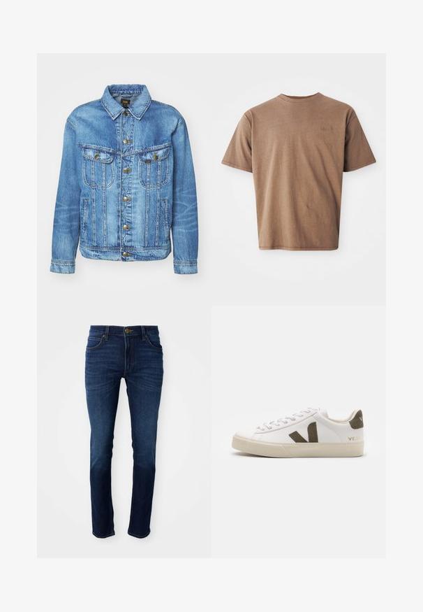 Lyseblå denimjakke med klassisk design, der har knaplukning, to brystlommer og en krave. Blød tekstur, afslappet stil.; Brun bomulds t-shirt med rund hals, korte ærmer og et diskret broderet logo på venstre brystområde. Glat tekstur, afslappet pasform.; Mørkeblå denimjeans med en klassisk straight-leg pasform, der har en knaplukning og fem lommer. Stoffet har en glat tekstur.; Hvide læder sneakers med en lys beige gummisål. Har en brun ruskinds V-logo og hælflap. Snørret lukning med en struktureret overflade.