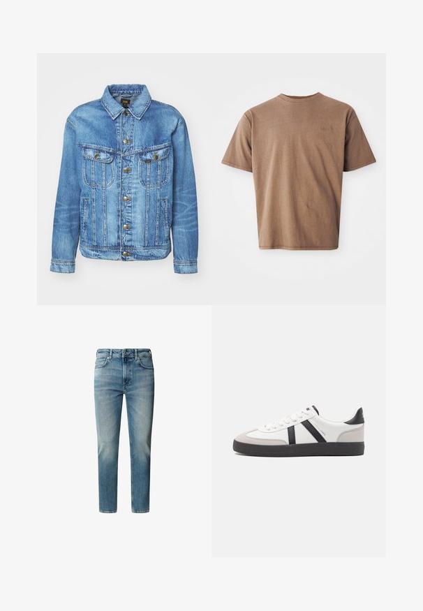 Lichtblauwe denimjas met een klassiek ontwerp, voorzien van een knoopsluiting, twee borstzakken en een kraag. Zachte textuur, casual stijl.; Bruine katoenen t-shirt met ronde hals, korte mouwen en een discreet geborduurd logo op de linkerborst. Soepele structuur, relaxte pasvorm.; Lichtblauwe denim jeans met een rechte snit, vijf-pocket ontwerp en ritssluiting. Verbleking bij de knieën en subtiele kreukels op de dijen.; Witte sneaker met zwarte en grijze accenten, voorzien van een grijze neus met textuur, zwarte rubberen zool en platte witte veters. Schoon ontwerp, minimalistische stijl.