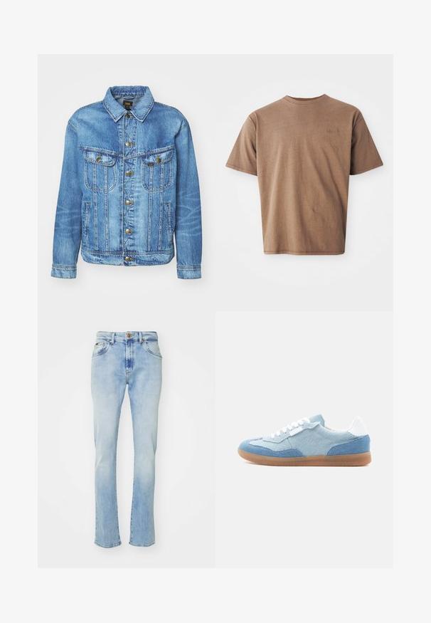 Hellblauer Denimjacke im klassischen Design, mit Knopfverschluss, zwei Brusttaschen und einem Kragen. Weiche Textur, lässiger Stil.; Braunes Baumwoll-T-Shirt mit Rundhalsausschnitt, kurzen Ärmeln und einem dezenten gestickten Logo auf der linken Brustseite. Glatte Textur, lockerer Schnitt.; Hellblaue Denim-Jeans mit geradem Schnitt, fünf Taschen, Knopfverschluss und subtiler Ausbleichung an den Oberschenkeln und dem Saum.; Niedriger Sneaker mit hellblauen und Denim-Paneelen, weißen Schnürsenkeln, weißem Fersenlaschen und Kautschuksohle in Gum-Farbe, seitlich betrachtet.