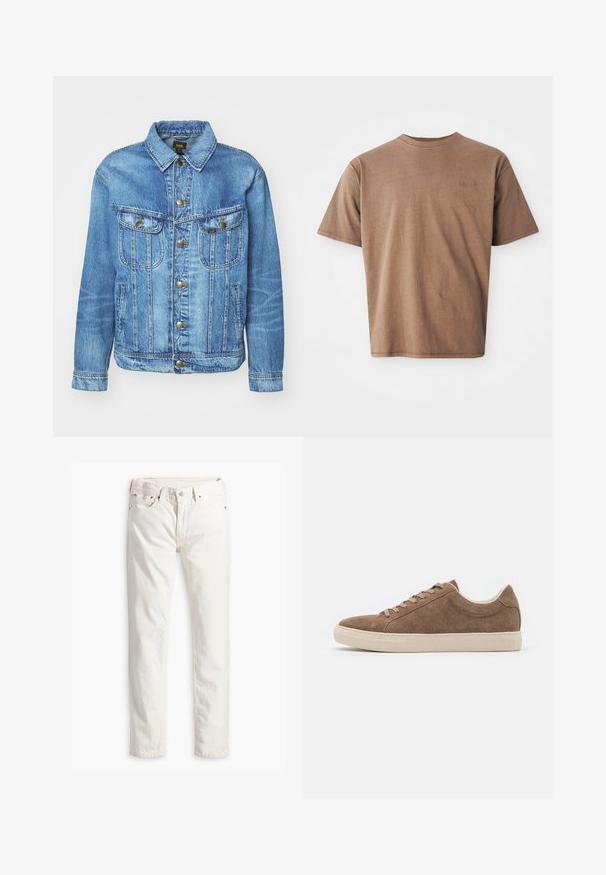 Lichtblauwe denimjas met een klassiek ontwerp, voorzien van een knoopsluiting, twee borstzakken en een kraag. Zachte textuur, casual stijl.; Bruine katoenen t-shirt met ronde hals, korte mouwen en een discreet geborduurd logo op de linkerborst. Soepele structuur, relaxte pasvorm.; Witte denim spijkerbroek met een rechte pasvorm, vijf zakken, koperen knoop en klinknagels, en een subtiele textuur in de stof. Geen zichtbare patronen.; Bruine suède casual sneakers met een lage profiel, platte beige rubberen zool en zes vetersluitingen. Rond neuspunt en minimalistisch ontwerp.