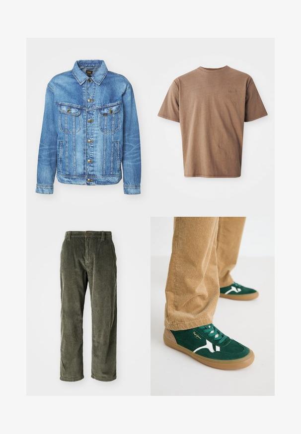 Lyseblå denimjakke med klassisk design, der har knaplukning, to brystlommer og en krave. Blød tekstur, afslappet stil.; Brun bomulds t-shirt med rund hals, korte ærmer og et diskret broderet logo på venstre brystområde. Glat tekstur, afslappet pasform.; Olivengrønne fløjlsbukser med lodrette ribber, der har knaplukning og lige ben. Blød tekstur med en klassisk pasform.; Grønne svineder sko med hvide accenter og grønne snørebånd. Gummisål, rund tå og tan detaljer på hælen. Båret med fløjl bukser.