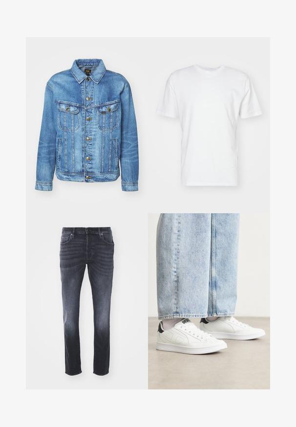 Lyseblå denimjakke med klassisk design, der har knaplukning, to brystlommer og en krave. Blød tekstur, afslappet stil.; Hvid bomulds T-shirt med korte ærmer, rund halsudskæring og en glat tekstur. Enkel design uden mønstre eller grafik.; Mørkegrå denim jeans med et klassisk lige ben-design, der har forlommer, lynlåsgylp med knaplukning og subtile falmninger.; Hvide sneakers med en glat lædertekstur, sorte hæl detaljer og perforerede elementer. Sammen med lyseblå bukser med vide ben i denim.