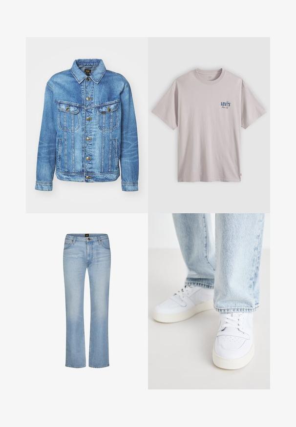 Lichtblauwe denimjas met een klassiek ontwerp, voorzien van een knoopsluiting, twee borstzakken en een kraag. Zachte textuur, casual stijl.; Lichtbeige Levi's T-shirt met korte mouwen, ronde hals en kleine blauwe "Levi's Music City" tekst en gitaarafbeelding op de linkerborst.; Lichtblauwe rechte spijkerbroek met voorzakken, riemlussen, ritssluiting en een merkknopsluiting in de taille.; Witte leren lage sneakers met geperforeerde neus, platte veters en een minimalistisch ontwerp. Gecombineerd met lichtblauwe denim jeans.