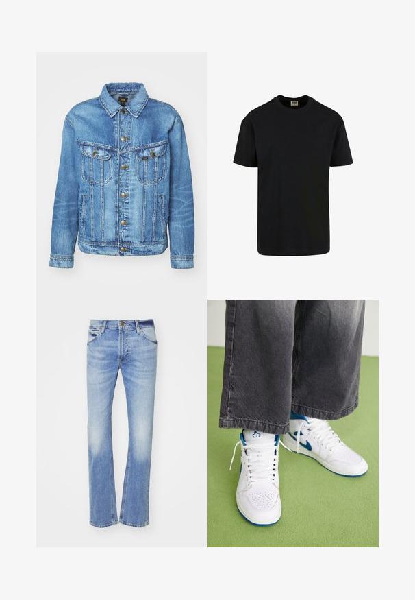 Chaqueta de mezclilla azul claro con un diseño clásico, con cierre de botones, dos bolsillos en el pecho y cuello con solapa. Textura suave, estilo casual.; Urban Classics SHORTSLEEVE - Camiseta básica - black; Jeans de mezclilla azul claro con un diseño de pierna recta, que presentan desgastes en la parte frontal, estilo clásico de cinco bolsillos y una cremallera con un cierre de botón.; Zapatillas altas blancas con acentos azules, caja de puntera perforada y cordones blancos. Llevadas con pantalones de mezclilla grises sueltos sobre una superficie verde.