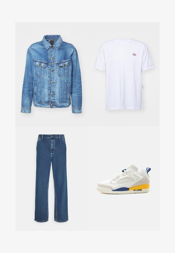 Lyseblå denimjakke med klassisk design, der har knaplukning, to brystlommer og en krave. Blød tekstur, afslappet stil.; Hvid bomulds t-shirt med v-hals og korte ærmer. Har et lille farverigt broderet logo på venstre bryst. Blød tekstur.; Blå denimjeans med lige pasform, fem-lomme design, metalknaplukning og synlig syning langs søm og kant.; Hvid atletisk sneaker med mesh på siden, beige ruskindsdetaljer, blå og gule detaljer på mellemsålen og en blå trækflig ved hælen.