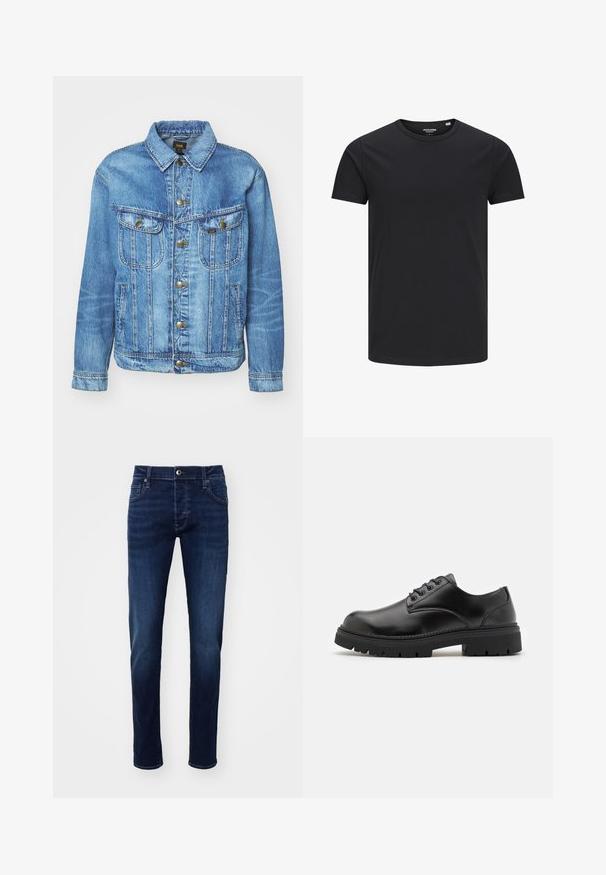 Hellblauer Denimjacke im klassischen Design, mit Knopfverschluss, zwei Brusttaschen und einem Kragen. Weiche Textur, lässiger Stil.; Schwarzes Baumwoll-T-Shirt mit Rundhalsausschnitt, kurzen Ärmeln und schlichtem Design. Glatte Textur, keine Muster oder sichtbare Beschläge.; Dunkelblaue Slim-Fit Denim-Jeans mit Knopf vorne, Taschen, Gürtelschlaufen und dezenten Ausbleichungen an den Beinen.; Schwarze Lederschuhe mit runder Zehenform, Schnürdesign und einer dicken, strukturierten Gummisohle. Sie verfügen über eine Naht entlang des Randes und haben eine glatte Oberfläche.
