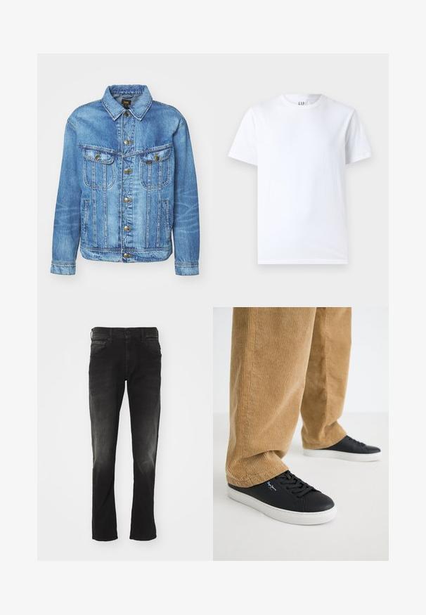 Veste en denim bleu clair au design classique, avec fermeture à boutons, deux poches poitrine et col classique. Texture douce, style décontracté.; T-shirt en coton blanc avec un col rond et des manches courtes. Design simple sans motifs ni graphiques, avec le logo GAP sur le col.; Jean en denim noir avec un délavage usé, cinq poches, coupe droite et fermeture classique à bouton et zip.; Baskets en cuir noir avec des semelles en caoutchouc blanches. Portées avec un pantalon en velours côtelé beige à côtes verticales et à coupe décontractée.