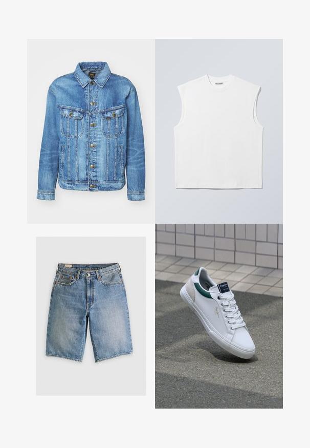 Lichtblauwe denimjas met een klassiek ontwerp, voorzien van een knoopsluiting, twee borstzakken en een kraag. Zachte textuur, casual stijl.; Wit mouwloos katoenen top met ronde hals en gestructureerde schouders, met het merk "WEEKDAY" op het label in de kraag, afgebeeld op een lichtgrijze achtergrond.; Leren denim shorts in lichtblauw met een klassieke snit. Bevat vijf zakken, oranje stikselaccenten en ruwe zoomranden.; Witte leren sneakers met groene en beige accenten, met een gestructureerde zool, ronde neus en traditionele vetersluiting.
