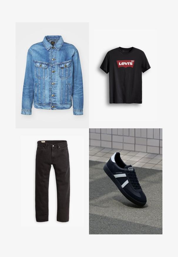 Lyseblå denimjakke med klassisk design, der har knaplukning, to brystlommer og en krave. Blød tekstur, afslappet stil.; Sort bomulds t-shirt med rund hals. Har et stort rødt Levi's logo på en hvid baggrund og et lille rødt mærke på den nederste side.; Sorte denim jeans med lige ben, der har et klassisk fem-lomme design, subtil syning og en metal knaplukning.; Sort lædersneaker med hvide striber, tekstureret gummisål og snørrebånd foran. Har et brandet mærke på tungen.