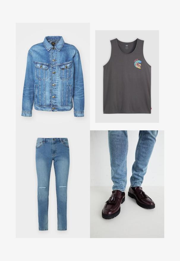 Veste en denim bleu clair au design classique, avec fermeture à boutons, deux poches poitrine et col classique. Texture douce, style décontracté.; Débardeur en coton gris avec un graphique coloré d'un surfeur et d'une vague. Encolure ronde, sans manches, avec une petite étiquette de marque sur le côté.; Jeans en denim bleu clair avec une coupe slim, dotés de deux poches avant, de genoux déchirés et d'une taille standard avec fermeture à bouton en métal.; Mocassins en cuir bourgogne avec pompons et dessus texturé, associés à un jean en denim bleu clair. Semelle en caoutchouc noir visible.