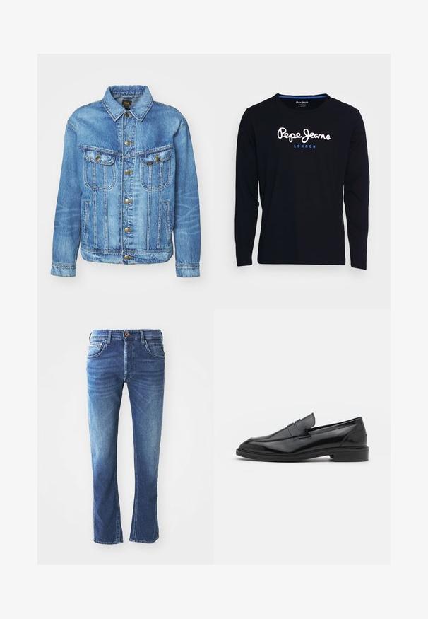 Lichtblauwe denimjas met een klassiek ontwerp, voorzien van een knoopsluiting, twee borstzakken en een kraag. Zachte textuur, casual stijl.; Zwart T-shirt met lange mouwen, gemaakt van katoen, met in het midden van de borst witte en blauwe logo-tekst "Pepe Jeans London".; Donkerblauwe spijkerbroek met een rechte pijpdesign, voorzien van vijf zakken, een bruine knoopsluiting en subtiele lichte vervaging op de bovenbenen.; Zwarte leren instappers met een gladde afwerking, voorzien van een ronde neus en een smalle band over de bovenkant. Lage gestapelde hak.