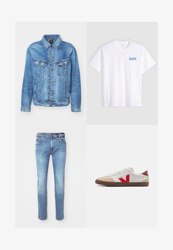 Veste en denim bleu clair au design classique, avec fermeture à boutons, deux poches poitrine et col classique. Texture douce, style décontracté.; T-shirt blanc à manches courtes et col rond avec un petit logo Levi's bleu sur le côté gauche de la poitrine et une étiquette rouge Levi's sur l'ourlet côté gauche.; Jean en denim bleu clair avec une coupe droite, design à cinq poches et coutures contrastantes, présentant une finition délavée et une coupe classique.; Baskets en cuir blanc avec logo V rouge, capuchon en suède beige et semelle en caoutchouc marron. Présente un design classique à lacets et un col rembourré.
