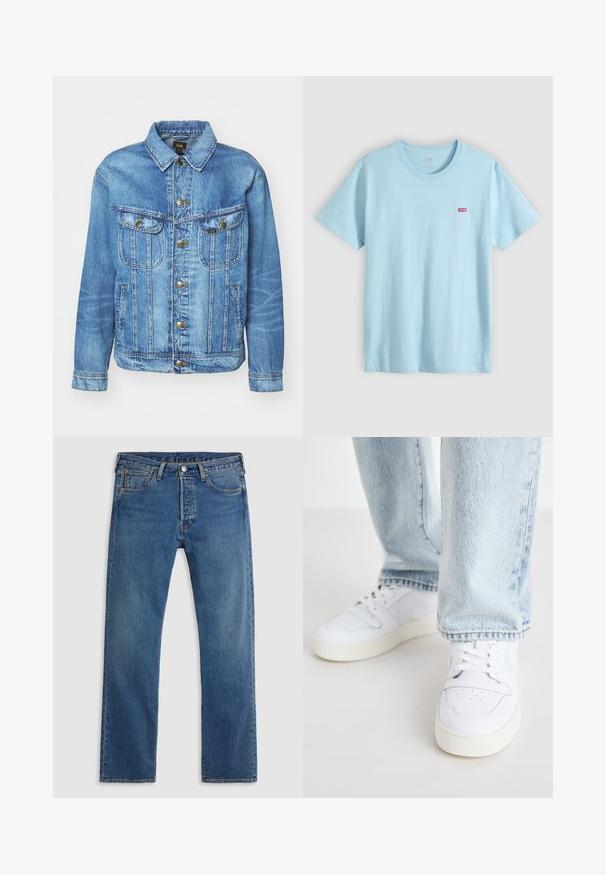 Lichtblauwe denimjas met een klassiek ontwerp, voorzien van een knoopsluiting, twee borstzakken en een kraag. Zachte textuur, casual stijl.; Lichtblauw T-shirt met korte mouwen en ronde hals met klein rood Levi's-logo op de linkerborst.; Blauwe rechte denim jeans met vijf zakken, riemlussen en een sluiting met een knoop en ritssluiting aan de voorkant, op een effen achtergrond.; Witte leren lage sneakers met geperforeerde neus, platte veters en een minimalistisch ontwerp. Gecombineerd met lichtblauwe denim jeans.
