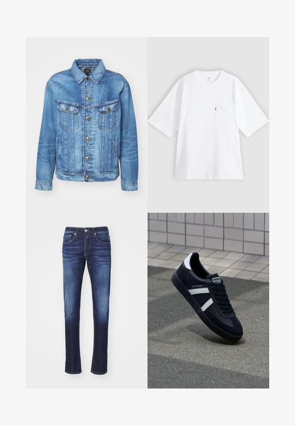 Hellblauer Denimjacke im klassischen Design, mit Knopfverschluss, zwei Brusttaschen und einem Kragen. Weiche Textur, lässiger Stil.; Weißes Baumwoll-T-Shirt mit kurzen Ärmeln, rundem Ausschnitt und Brusttasche auf der linken Seite. Mit kleinem rotem Logotag an der Tasche.; Dunkelblaue Jeans aus Denim mit geradem Schnitt, ausgestattet mit fünf Taschen, einem Knopfverschluss und sanften Verwaschungen entlang der Oberschenkel.; Schwarze Leder-Sneaker mit weißen Streifen, strukturiertem Gummisohle und Schnürung. Verfügt über ein Markenetikett auf der Zunge.