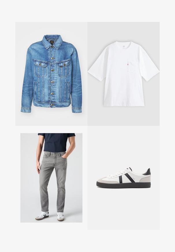 Hellblauer Denimjacke im klassischen Design, mit Knopfverschluss, zwei Brusttaschen und einem Kragen. Weiche Textur, lässiger Stil.; Weißes Baumwoll-T-Shirt mit kurzen Ärmeln, rundem Ausschnitt und Brusttasche auf der linken Seite. Mit kleinem rotem Logotag an der Tasche.; Mann trägt graue Slim-Fit-Jeans, weiße Sneaker mit schwarzen Streifen und ein dunkelblaues kurzärmeliges Hemd, steht mit einer Hand in der Tasche.; Weiße Sneaker mit schwarz- und grau-aczenten, ausgestattet mit einer strukturierten grauen Zehenkappe, schwarzer Gummi-Sohle und flachen weißen Schnürsenkeln. Sauberes Design, minimalistische Stil.