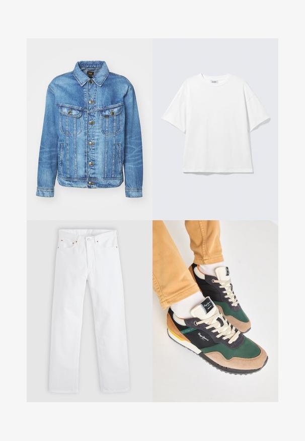Hellblauer Denimjacke im klassischen Design, mit Knopfverschluss, zwei Brusttaschen und einem Kragen. Weiche Textur, lässiger Stil.; Weißes oversized T-Shirt mit kurzen Ärmeln und Rundhalsausschnitt mit eingesetzten Schultern, flach auf hellgrauem Hintergrund.; Weiße Jeans mit geradem Bein, Fünf-Taschen-Design, Knopf- und Reißverschlussverschluss sowie Kupfernieten-Details an den Taschen.; Grüne und schwarze Sneakers aus Wildleder und Mesh-Materialien, mit cremefarbenen Schnürsenkeln, mehrfarbigen Akzenten und einer strukturierten Sohle. Logo von Pepe Jeans sichtbar.