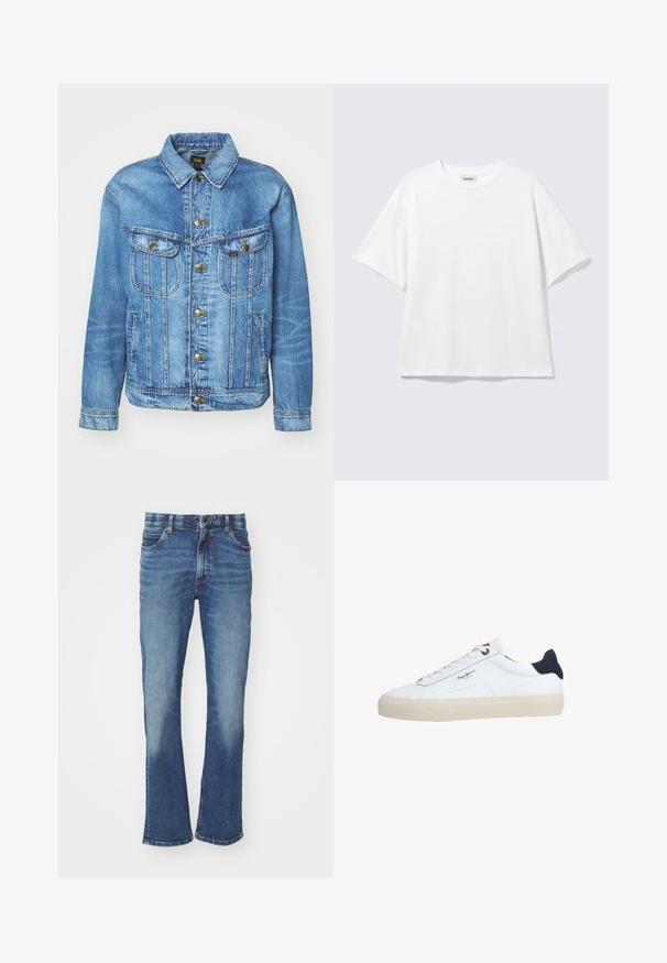 Lyseblå denimjakke med klassisk design, der har knaplukning, to brystlommer og en krave. Blød tekstur, afslappet stil.; Hvid oversized t-shirt med korte ærmer og rund halsudskæring med sænkede skuldre, fladt lagt på lys grå baggrund.; Blå denimjeans med en let bustrik, der har en falmet vask, fem lommer og en knaplukning.; Hvid lavtop-sneaker med beige sål, hvide snørebånd, sort hælkappe og "Pepe Jeans London"-logo på siden.