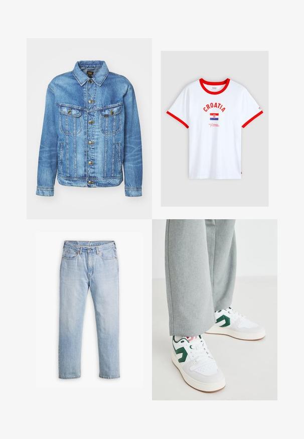 Hellblauer Denimjacke im klassischen Design, mit Knopfverschluss, zwei Brusttaschen und einem Kragen. Weiche Textur, lässiger Stil.; Weißes T-Shirt mit rotem Kragen und Ärmelsäumen, „CROATIA“-Schriftzug über der kroatischen Flagge und dem Levi Strauss of California-Logo vorne in der Mitte.; Helle blaue Denim-Jeans mit geradem Bein, im Fünf-Taschen-Stil und kontrastierenden Nähten. Knopf- und Reißverschluss an der Taille.; Weiße und grüne Sneakers aus glattem Leder und Wildleder, mit einem auffälligen grünen Logo-Akzent und weißen Schnürsenkeln. Graue Hosen sind teilweise sichtbar.