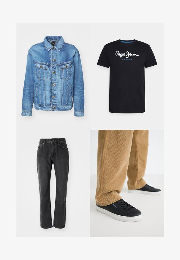 Hellblauer Denimjacke im klassischen Design, mit Knopfverschluss, zwei Brusttaschen und einem Kragen. Weiche Textur, lässiger Stil.; Schwarzes Baumwoll-T-Shirt mit einem weißen Schriftlogo "Pepe Jeans" und blauen Akzenten, Rundhals und kurzen Ärmeln. Einfaches, schlichtes Design.; Schwarze Denim-Jeans mit geradem Schnitt, ausgestattet mit fünf Taschen, einem Knopfverschluss und genähten Details entlang der Nähte und Taschen.; Schwarze Ledersneaker mit weißen Gummisohlen. Getragen mit beigen Cordhosen, die vertikale Rippungen und eine lockere Passform aufweisen.