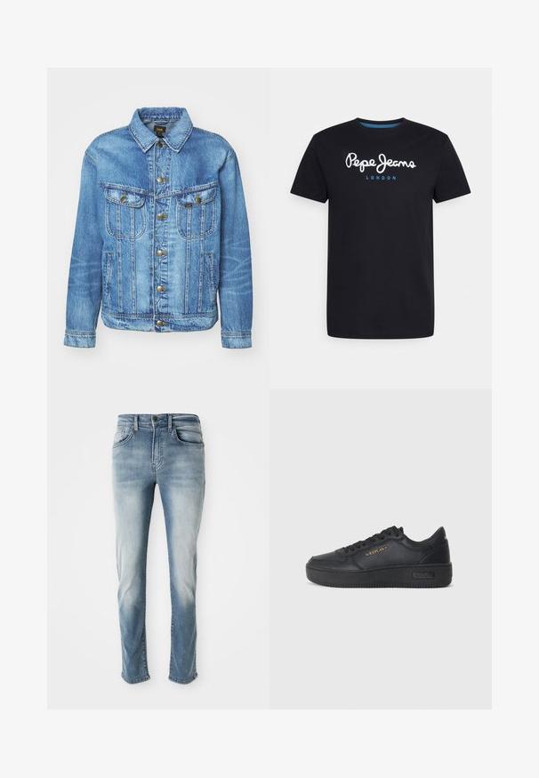 Lyseblå denimjakke med klassisk design, der har knaplukning, to brystlommer og en krave. Blød tekstur, afslappet stil.; Sort bomulds T-shirt med et hvidt skriftskriftlogo "Pepe Jeans" med en blå accent, rund hals og korte ærmer. Enkel, ensfarvet design.; Lysblå denim jeans med et klassisk fem-lomme design, subtil fading og lige ben-snit. Har knaplukning og bæltestropper.; Replay EPIC HIGH - Sneakers - black