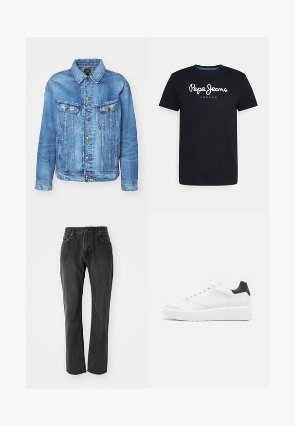 Hellblauer Denimjacke im klassischen Design, mit Knopfverschluss, zwei Brusttaschen und einem Kragen. Weiche Textur, lässiger Stil.; Schwarzes Baumwoll-T-Shirt mit einem weißen Schriftlogo "Pepe Jeans" und blauen Akzenten, Rundhals und kurzen Ärmeln. Einfaches, schlichtes Design.; Schwarze Denim-Jeans mit geradem Schnitt, ausgestattet mit fünf Taschen, einem Knopfverschluss und genähten Details entlang der Nähte und Taschen.; Weiße Leder-Sneaker mit schwarzem Fersenbereich, flachen Schnürsenkeln, strukturiertem Zwischensohlenteil und Branding auf der Außenseite. Entworfen für den Casual-Look.