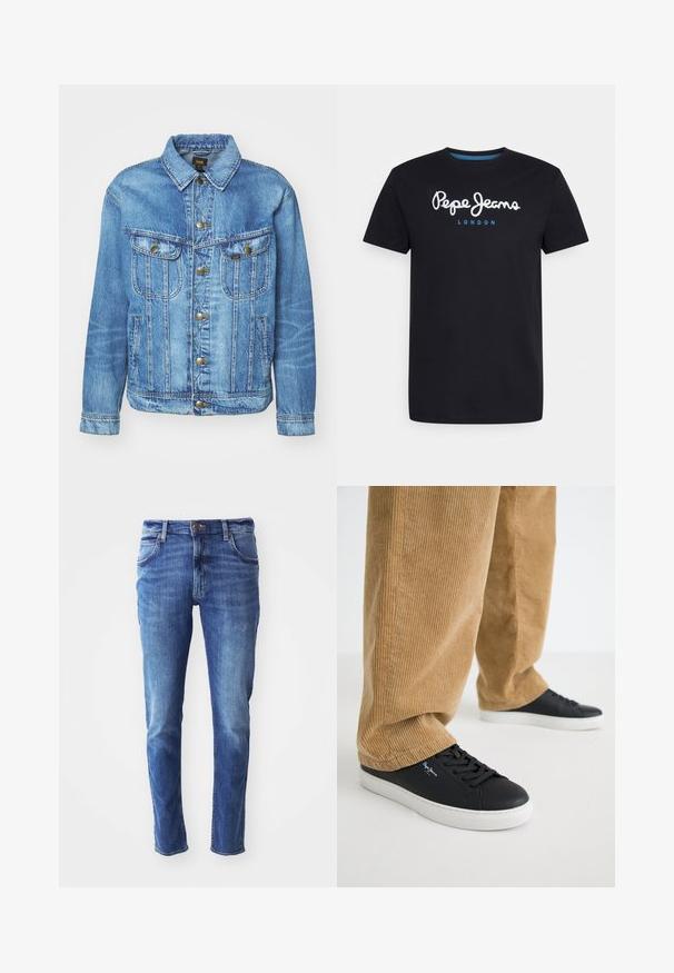 Lyseblå denimjakke med klassisk design, der har knaplukning, to brystlommer og en krave. Blød tekstur, afslappet stil.; Sort bomulds T-shirt med et hvidt skriftskriftlogo "Pepe Jeans" med en blå accent, rund hals og korte ærmer. Enkel, ensfarvet design.; Blå denim jeans med slim fit, fem-lomme design og let falming. Har en mærke-knap og lynlåslukning.; Sorte lædersneakers med hvide gummisåler. Båret med tanfarvede corduroybukser med vertikale ribber og en afslappet pasform.