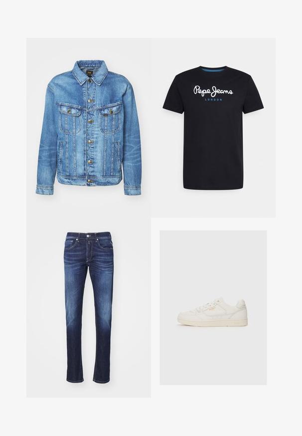Lyseblå denimjakke med klassisk design, der har knaplukning, to brystlommer og en krave. Blød tekstur, afslappet stil.; Sort bomulds T-shirt med et hvidt skriftskriftlogo "Pepe Jeans" med en blå accent, rund hals og korte ærmer. Enkel, ensfarvet design.; Mørkeblå denimjeans med lige ben, der har fem lommer, knaplukning og diskret blegeteffekt langs lårene.; Hvide lædersneakers med en glat overflade, der har perforerede detaljer, snørebånd fortil og et diskret logo i guld nær siden.