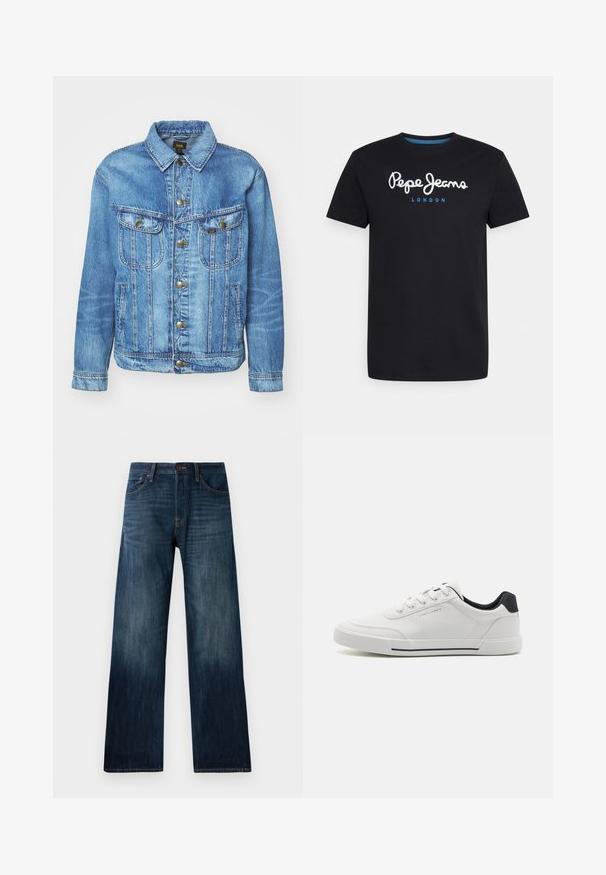 Hellblauer Denimjacke im klassischen Design, mit Knopfverschluss, zwei Brusttaschen und einem Kragen. Weiche Textur, lässiger Stil.; Schwarzes Baumwoll-T-Shirt mit einem weißen Schriftlogo "Pepe Jeans" und blauen Akzenten, Rundhals und kurzen Ärmeln. Einfaches, schlichtes Design.; Dunkelblaue Jeans aus Denim mit geradem Bein, ausgestattet mit einer leichten Textur, Gürtelschlaufen und einem klassischen Fünf-Taschen-Stil.; Weiße Sneakers mit einem glatten synthetischen Obermaterial, runder Spitze, Schnürdesign, marineblauem Akzent an der Ferse und einer strukturierten Gummisohle mit einem schwarzen Streifen.