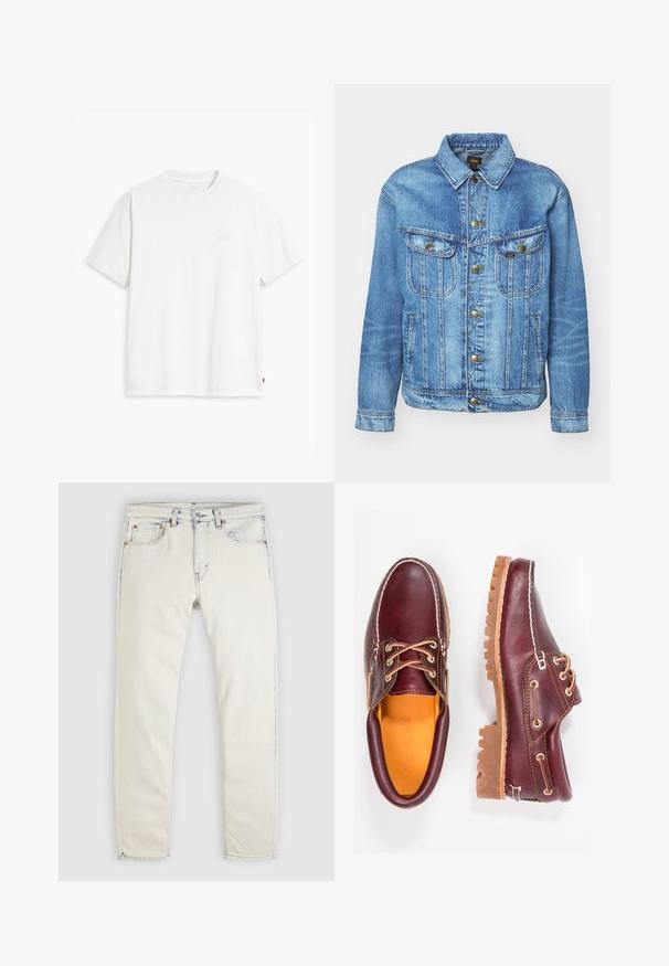 Veste en denim bleu clair au design classique, avec fermeture à boutons, deux poches poitrine et col classique. Texture douce, style décontracté.; T-shirt en coton blanc à manches courtes, col rond, avec un logo "Levi's" discret imprimé en couleur claire sur le devant.; Jean en denim de couleur claire avec une coupe droite. Caractéristiques : cinq poches, boutons en métal et légère décoloration le long des coutures.; Chaussures en cuir bourgogne avec semelles en caoutchouc marron, bout rond, couture blanche et œillets dorés. L'intérieur présente une doublure jaune.