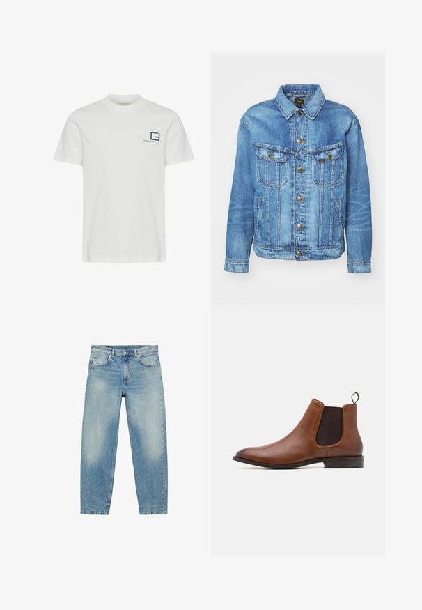 Veste en denim bleu clair au design classique, avec fermeture à boutons, deux poches poitrine et col classique. Texture douce, style décontracté.; T-shirt en coton blanc avec un col rond et des manches courtes. Présente un logo graphique bleu marine et du texte sur la partie gauche de la poitrine.; Jean droit en denim bleu avec poches avant et passants de ceinture, présentant des détails légèrement décolorés sur les cuisses et les genoux.; Zign by Zalando LEATHER - Bottines - cognac