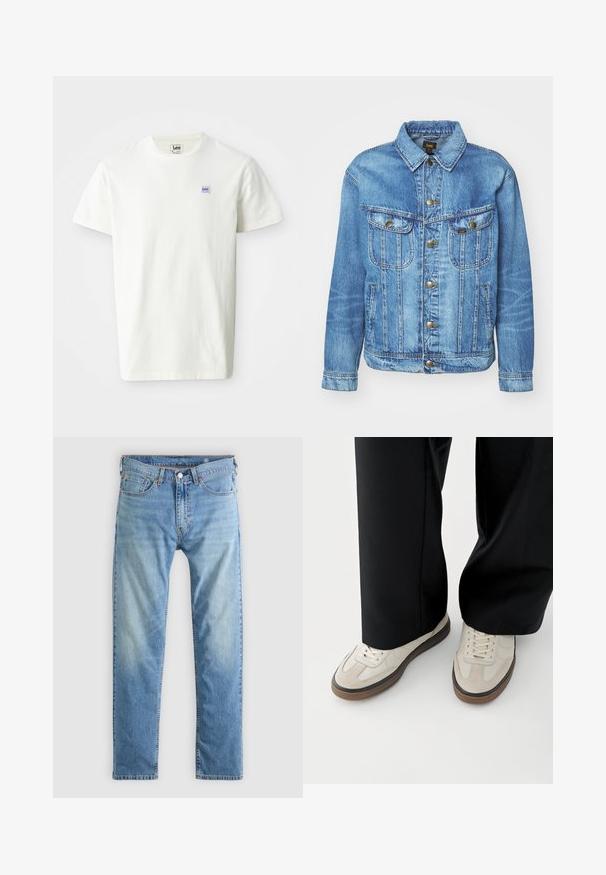 Veste en denim bleu clair au design classique, avec fermeture à boutons, deux poches poitrine et col classique. Texture douce, style décontracté.; T-shirt en coton blanc avec un col rond et des manches courtes. Affiche un petit logo rectangulaire en bleu et violet de Lee sur la poitrine gauche.; Jean en denim bleu clair à coupe droite, avec des coutures orange, cinq poches et une fermeture par bouton.; Pieds portant des baskets beige avec des semelles marron et un pantalon noir à jambes larges sur fond blanc.