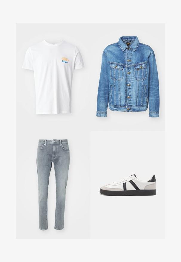 Hellblauer Denimjacke im klassischen Design, mit Knopfverschluss, zwei Brusttaschen und einem Kragen. Weiche Textur, lässiger Stil.; Weißes Baumwoll-T-Shirt mit rundem Halsausschnitt und kurzen Ärmeln. Es verfügt über eine farbenfrohe Grafik mit gelben und blauen Elementen auf der Brust.; Hellgraue Jeans aus Denim mit geradem Bein, ausgestattet mit einem Reißverschluss, fünf Taschen und dezenten Auswaschungen an der Vorderseite.; Weiße Sneaker mit schwarz- und grau-aczenten, ausgestattet mit einer strukturierten grauen Zehenkappe, schwarzer Gummi-Sohle und flachen weißen Schnürsenkeln. Sauberes Design, minimalistische Stil.