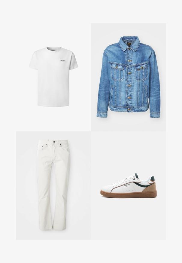 Veste en denim bleu clair au design classique, avec fermeture à boutons, deux poches poitrine et col classique. Texture douce, style décontracté.; T-shirt blanc à manches courtes avec col rond et petit logo "Pepe Jeans London" sur le côté gauche de la poitrine.; Jean clair en mélange de coton. Design à jambe droite avec cinq poches et fermeture à bouton en métal. Texture lisse.; Baskets basses blanches avec semelle marron, accents verts et beige, lacets blancs, et logo "Pepe Jeans London" sur le côté.