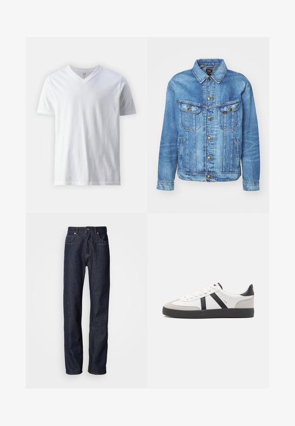 Hellblauer Denimjacke im klassischen Design, mit Knopfverschluss, zwei Brusttaschen und einem Kragen. Weiche Textur, lässiger Stil.; Kurzärmliges, V-Ausschnitt T-Shirt aus Baumwolle in Weiß. Hat ein einfaches Design mit glatter Textur und lockerer Passform.; Dunkelblaue Jeans aus Denim mit geradem Schnitt, versehen mit kupferfarbigen Nähten, einem Fünf-Taschen-Design sowie einem klassischen Reißverschluss und Knopfverschluss.; Weiße Sneaker mit schwarz- und grau-aczenten, ausgestattet mit einer strukturierten grauen Zehenkappe, schwarzer Gummi-Sohle und flachen weißen Schnürsenkeln. Sauberes Design, minimalistische Stil.