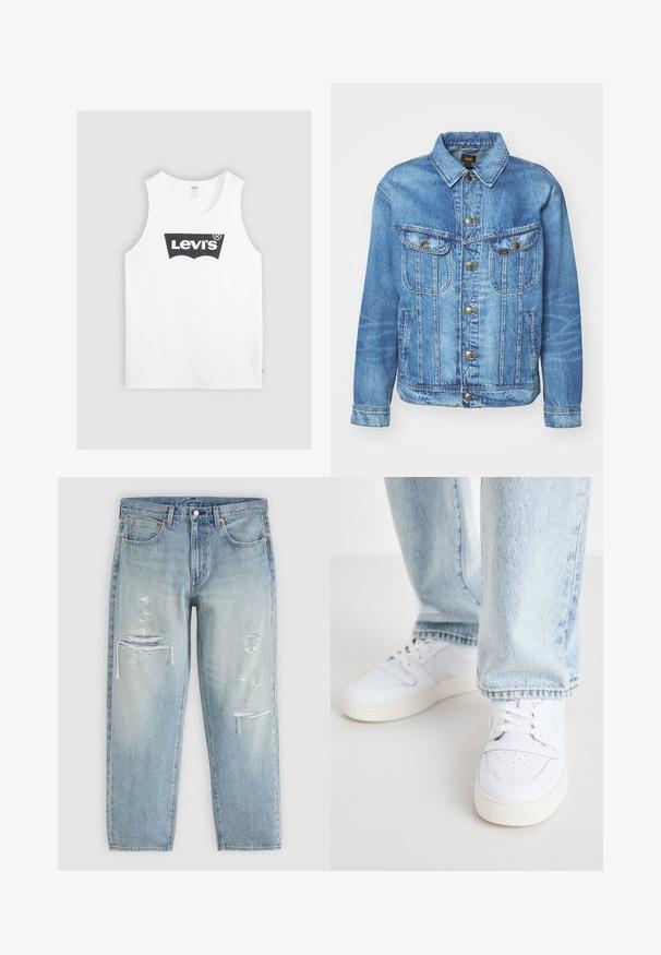 Veste en denim bleu clair au design classique, avec fermeture à boutons, deux poches poitrine et col classique. Texture douce, style décontracté.; Débardeur en coton blanc avec un logo Levi's noir au centre. Design simple avec un col rond et de larges emmanchures.; Jean en denim bleu clair avec une coupe ample et des détails usés déchirés sur les cuisses et les genoux, avec des poches avant et une fermeture par boutons.; Baskets basses en cuir blanc avec un bout perforé, des lacets plats et un design minimaliste. Associées à un jean en denim bleu clair.