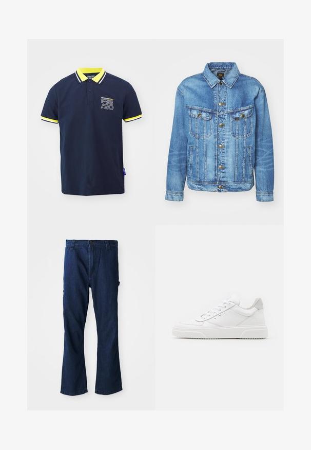 Hele sinine teksatajope klassikalise disainiga, millel lukustusnupud, kaks rinnataskut ja kraega kaelus. Pehme tekstuur, vabaajastiil.; Tumesinine polo särk, mille kaeluse ja varruka ääristel on kollased ja valged triibud. Ees on Red Bull Racing logo. Lühikeste varrukatega disain.; Sinine teksapüks, millel on sirge jala disain, nööp-kinnitus ja kaks külgTaskut, millel on kerge kulumisefekt.; Valged nahast spordijalatsid siledast nahast viimistlusega, ümarate varvastega, lamekestega ja tekstuuriga tallaga. Hall suede aktsent kanna juures.