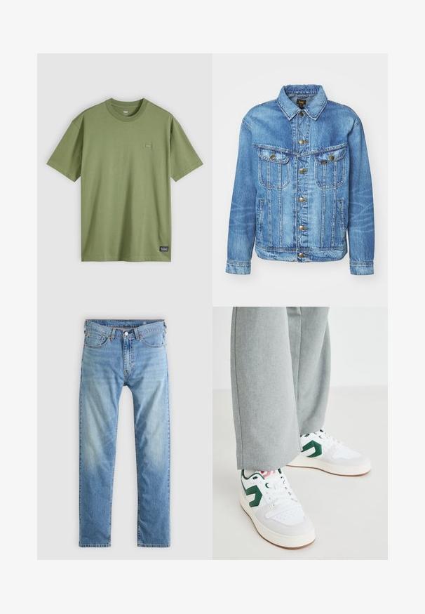 Lichtblauwe denimjas met een klassiek ontwerp, voorzien van een knoopsluiting, twee borstzakken en een kraag. Zachte textuur, casual stijl.; Olijfgroene katoenen T-shirt met een ronde hals en korte mouwen. Bevat een klein, subtiel logo-opdracht op de borst en een geweven merklabel aan de zoom.; Lichtblauwe denim jeans met een rechte pijpvorm, voorzien van oranje stiksels, vijf zakken en een knoopsluiting.; Witte en groene sneakers van glad leer en suedemateriaal, met een opvallende groene logo-accent en witte veters. Grijze broeken gedeeltelijk zichtbaar.