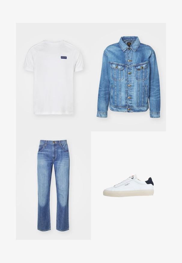 Lyseblå denimjakke med klassisk design, der har knaplukning, to brystlommer og en krave. Blød tekstur, afslappet stil.; Hvid kortærmet t-shirt med raglanærmer, der har et blåt rektangulært logo på venstre bryst og en subtil tekstur på stoffet.; Blå denim jeans med lige pasform, lysvask, fem-lommen design, bronceknap og kontrastsying ved sømme.; Hvid lavtop-sneaker med beige sål, hvide snørebånd, sort hælkappe og "Pepe Jeans London"-logo på siden.