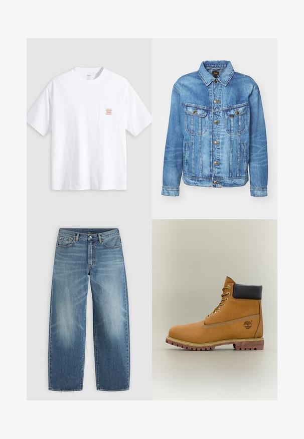 Lyseblå denimjakke med klassisk design, der har knaplukning, to brystlommer og en krave. Blød tekstur, afslappet stil.; Hvid T-shirt med korte ærmer og rund hals med en lille lomme på brystet med en beige og rød rektangulær label.; Blå denimjeans med lige ben, forreste knap og lynlås samt styling med fem lommer.; Brun læderankelstøvle med sort krave, gule snørebånd og tanfarvet sål. Har logo og hvide syninger som detalje. Robust ydersål med greb.
