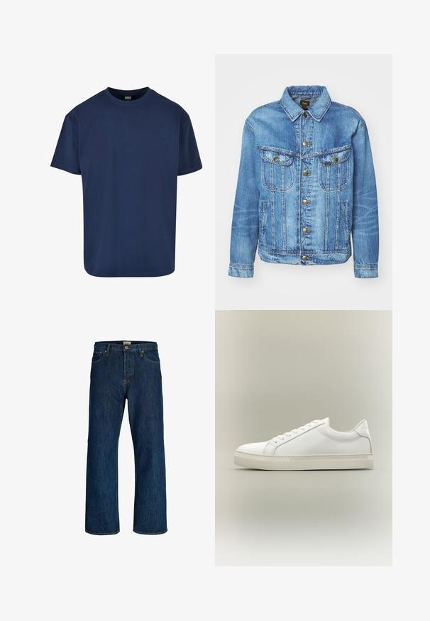 Lyseblå denimjakke med klassisk design, der har knaplukning, to brystlommer og en krave. Blød tekstur, afslappet stil.; Marineblå bomulds T-shirt med rund halsudskæring og korte ærmer. Glat tekstur og afslappet pasform, velegnet til hverdagstøj.; Mørkeblå straight-leg denimjeans med frontknap, lynlås og fem-lomme design.; Hvid lavtop sneaker med snørebånd foran og tyk sål, vist fra siden mod en neutral baggrund.