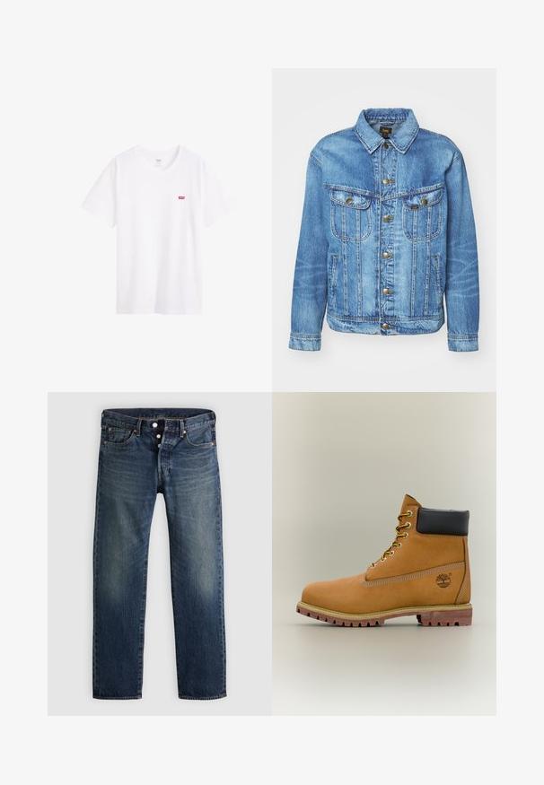 Veste en denim bleu clair au design classique, avec fermeture à boutons, deux poches poitrine et col classique. Texture douce, style décontracté.; T-shirt en coton blanc avec un col rond, des manches courtes et un petit logo rouge Levi’s sur la poitrine gauche. Texture lisse, coupe standard.; Jean droit classique en denim bleu, avec cinq poches, une braguette boutonnée, et un effet délavé subtil, agrémenté de rivets en cuivre et de surpiqûres.; Bottine en cuir marron avec col noir, lacets jaunes et semelle beige. Présente un logo et des détails de couture blanche. Semelle extérieure à traction robuste.