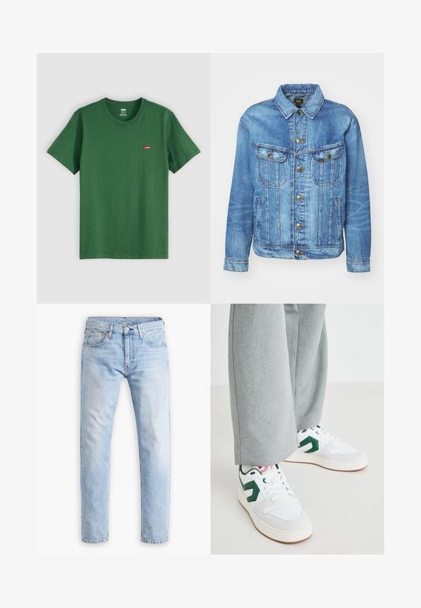 Lichtblauwe denimjas met een klassiek ontwerp, voorzien van een knoopsluiting, twee borstzakken en een kraag. Zachte textuur, casual stijl.; Groene katoenen t-shirt met een ronde hals, korte mouwen en een klein rood Levi's-logo op de linkerkant van de borst. Zachte textuur, normale pasvorm.; Lichtblauwe denim jeans met een rechte snit, vijf zakken en oranje stiksels, met een knoop- en ritssluiting.; Witte en groene sneakers van glad leer en suedemateriaal, met een opvallende groene logo-accent en witte veters. Grijze broeken gedeeltelijk zichtbaar.
